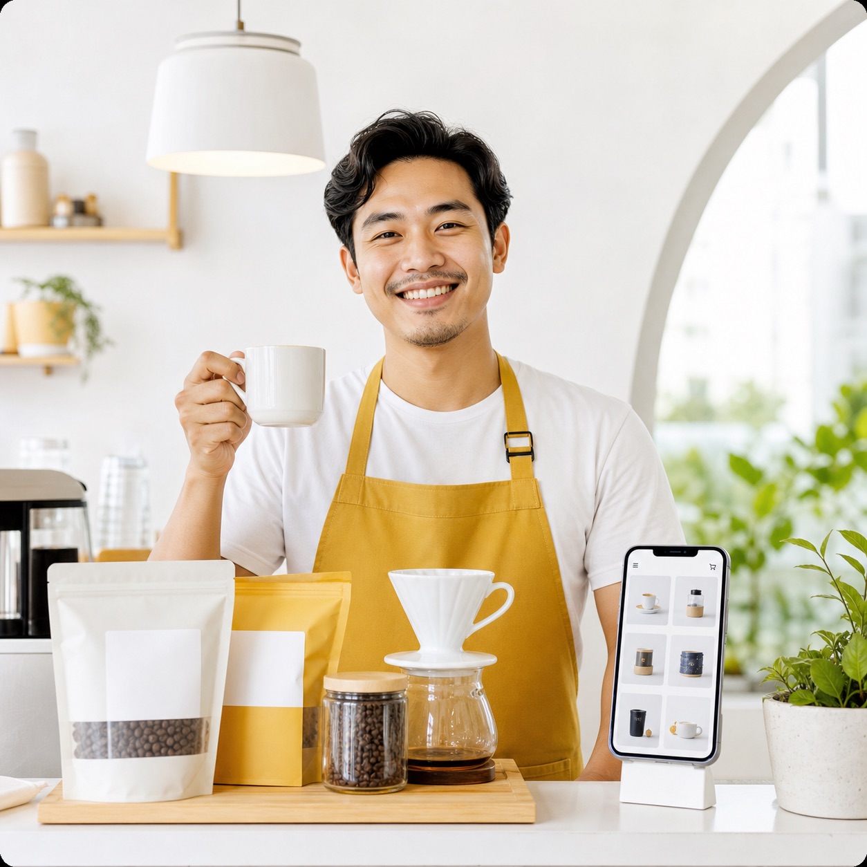 Pemilik kafe tersenyum di depan katalog produk usahanya